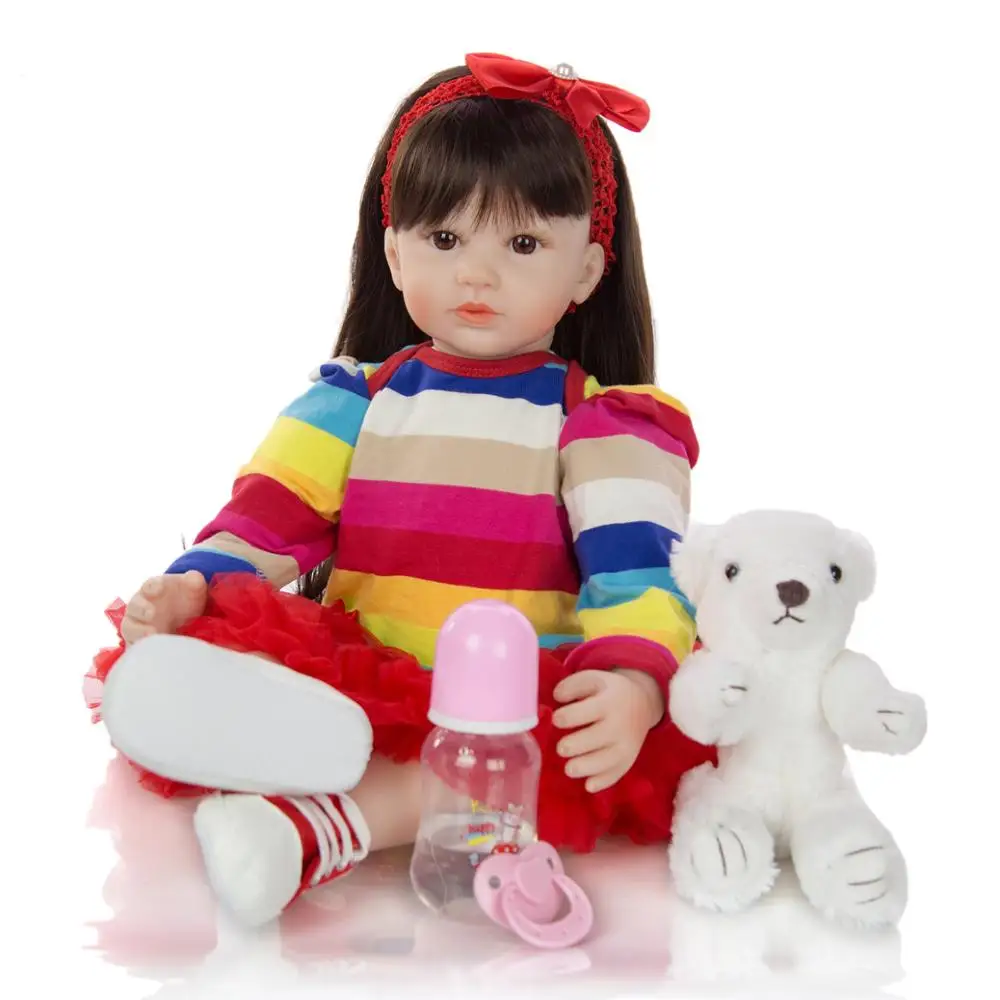 

60cm Big Size Reborn Toddler Doll Toy Lifelike Vinyl silicone Princess Baby With bear Cloth Body Alive Bebe Girl doll lol gift