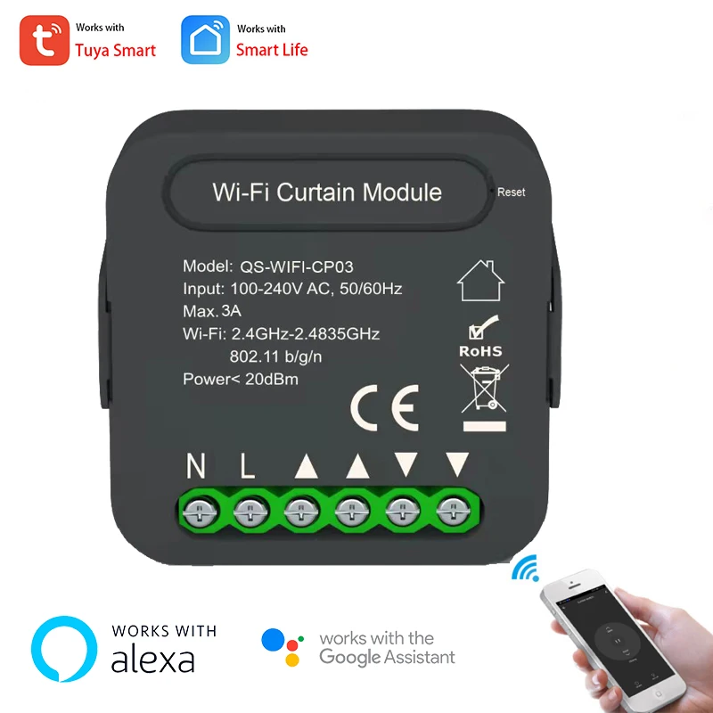 

Модуль переключателя для штор Tuya с поддержкой Wi-Fi и управлением голосом