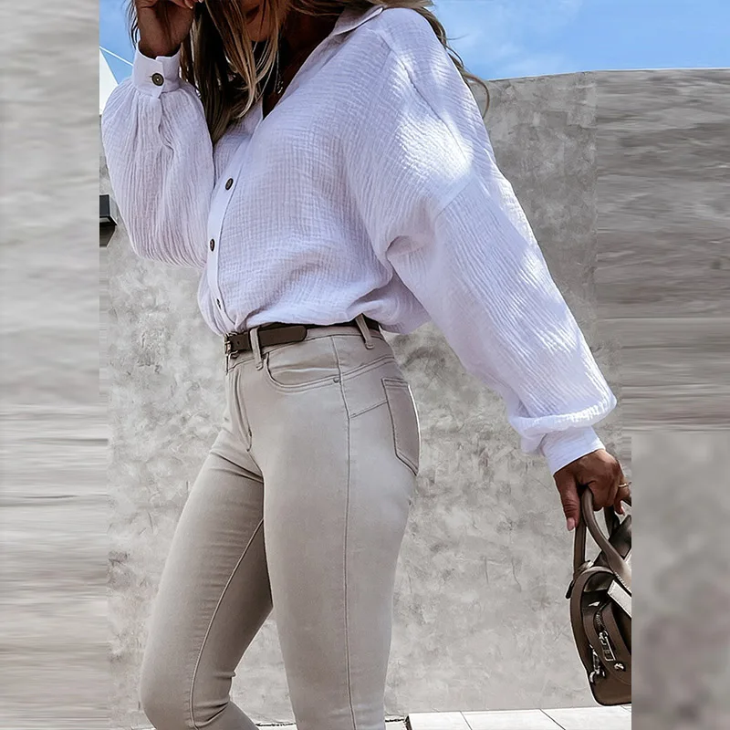 

Autumn Women's Elegant Lantern Sleeve Blouse Shirt Buttoned Turn-down Collar Blouses New Fashion Solid Loose Ladies Tops Blusas