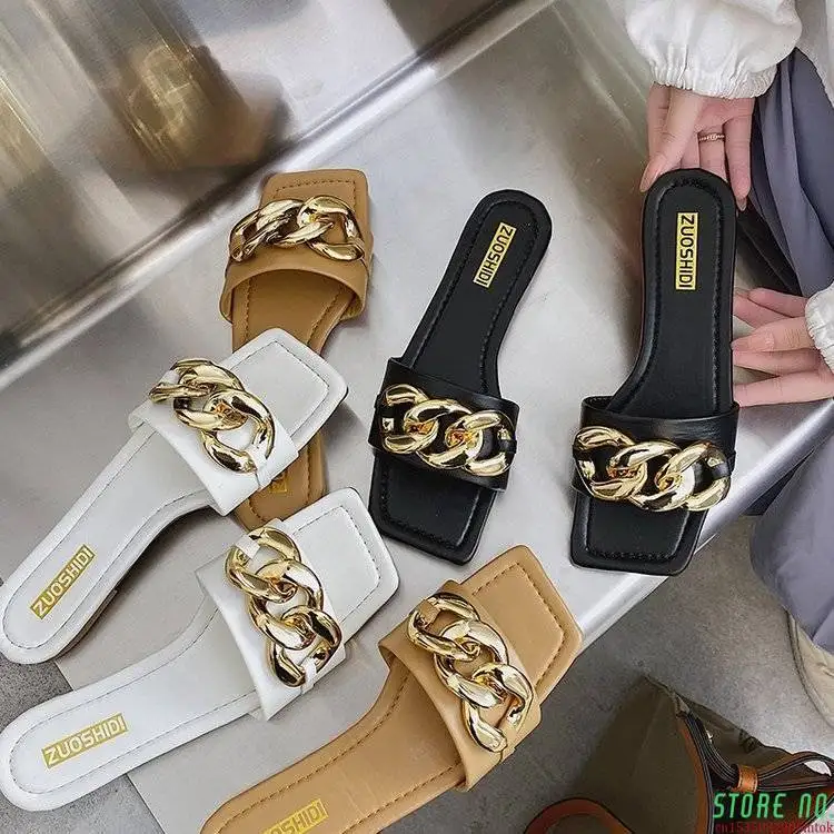 

New Brand Women Slipper Square Toe Metal Chain Design Slides Flat Heel Ladies Sandal Summer Outdoor Beach Flip Flop