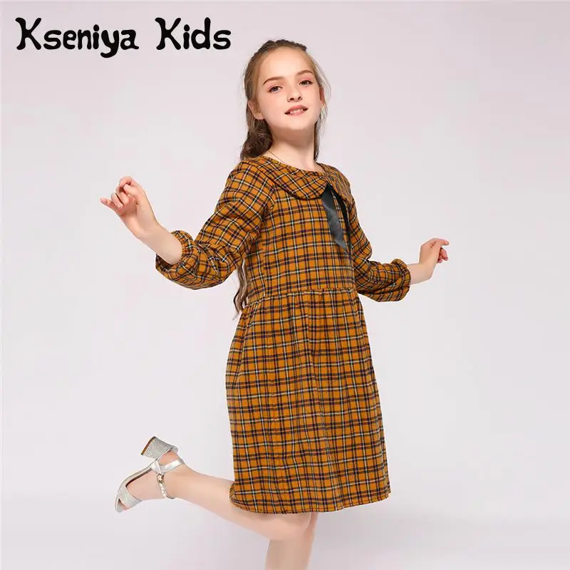 Kseniya Kids Wholesale Peter Pan Collar Bow Plaid Girl Dress Long Sleeve For 2 to 9 Years