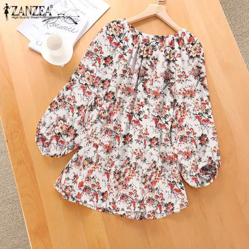 

Lady Casual Pleated Chemise Oversize ZANZEA Holiday Floral Printed Tops Women Elegant O Neck Blusa 2022 Autumn Long Sleeve Tunic