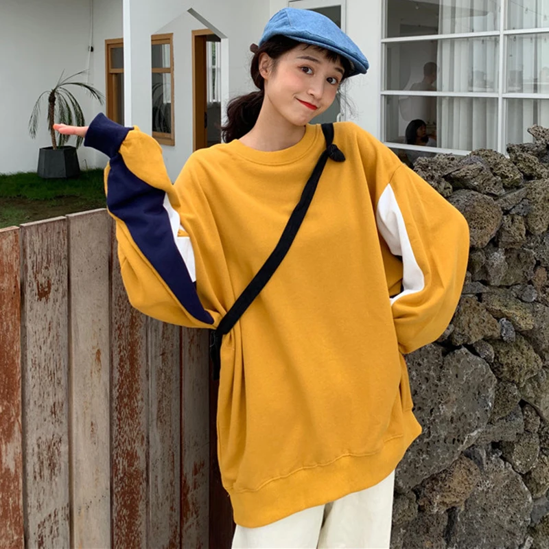 Толстовки женские Harajuku корейский стиль свободные с декоративными вставками
