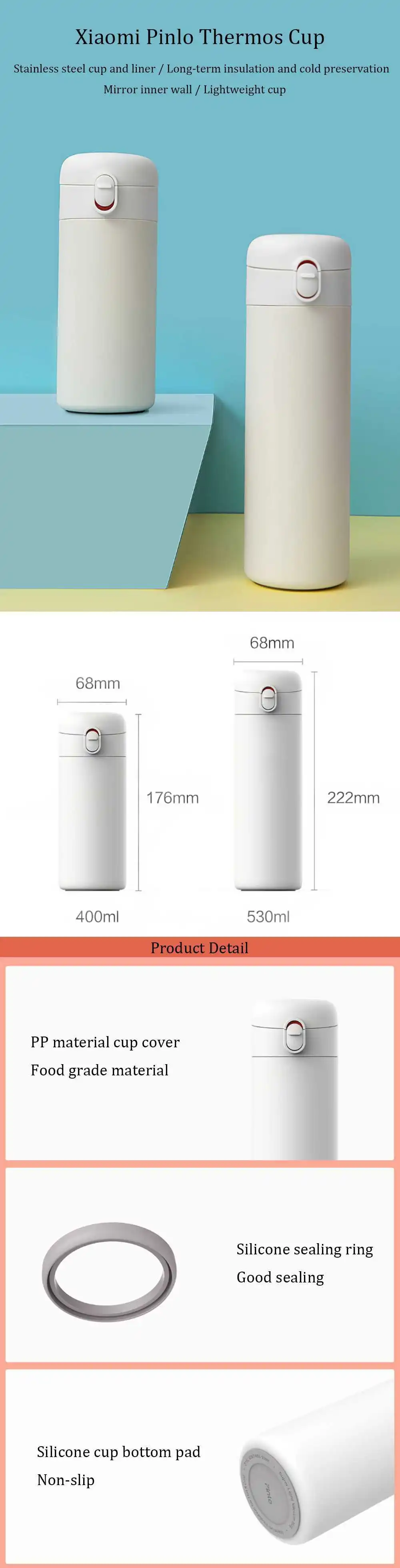Xiaomi Pinlo 400 мл/530 мл Нержавеющая сталь Питьевая чашка холодная вакуумная 6-часовая бутылка для воды «Умная» бутылка простой ручной изоляции замок