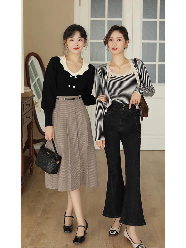 

French T-shirt autumn women's V-neck color contrast short girl's feeling versatile Lantern Sleeve Top