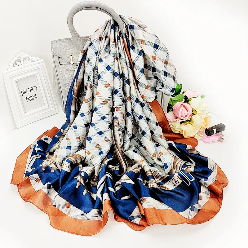 

2021 Korean Style Print Silk Scarf Lattice Shawl Luxury Dustproof Bandana Summer 180X90CM Scarves Fashion High-Grade Beach Towel