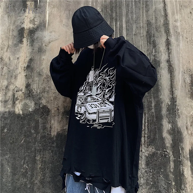 Lychee Harajuku Свободные повседневные женские толстовки с круглым вырезом топ с принтом пламени отверстие Женская Толстовка Топы весна осень женские пуловеры
