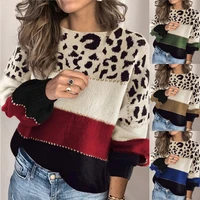 autumn and winter new leopard print color block stitching sweater ladies casual round neck blouse autumn loose sweater