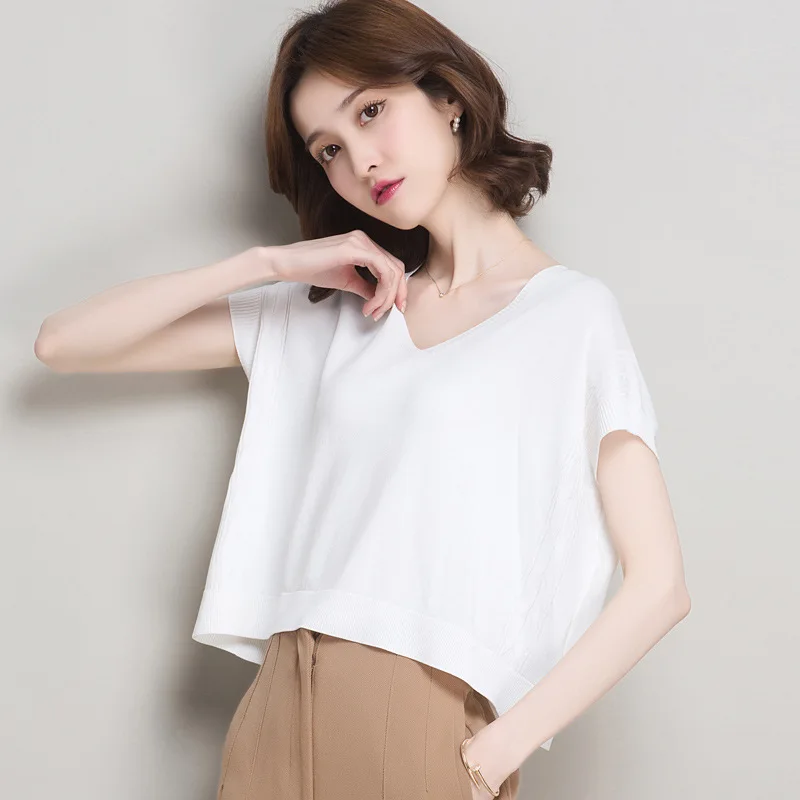 

2021 new fashion T-shirt Summer solid color knitted short loose women