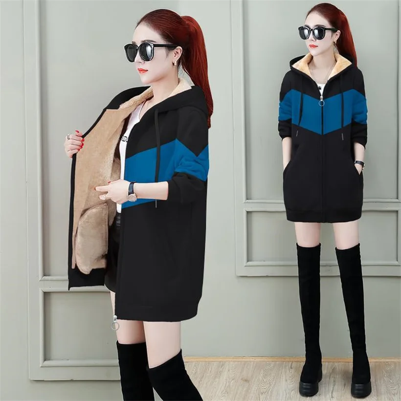 

Женская бархатная Толстая утепленная куртка средней длины с капюшоном и прострочкой, зимняя свободная повседневная куртка большого размер...