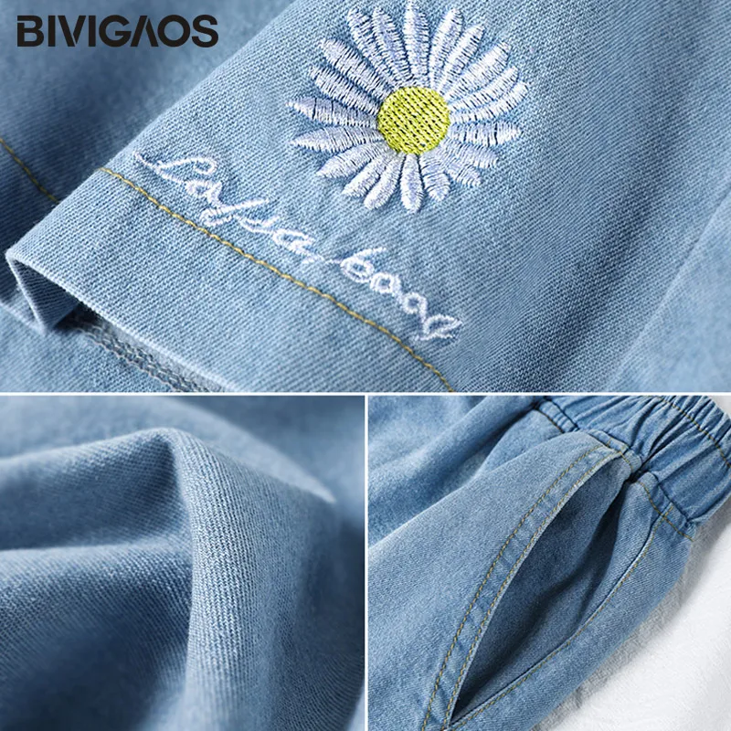 

BIVIGAOS 2020 Sweet Denim Shorts Women Embroid Daisy Flower Jeans Shorts Summer Ladies Elastic Cotton Casual A-line Shorts Jeans