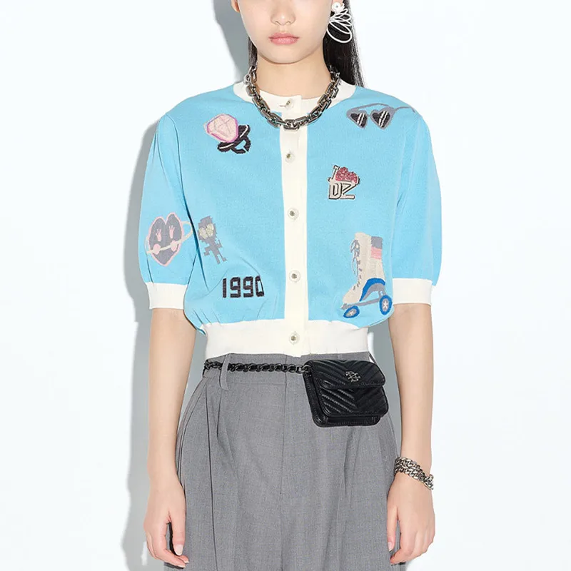 

Fashion Pattern Cardigan Women 2021 Summer Short Sleeve Cardigan Digit Sunglasses Skateboard Shoes Jacquard Knit Sweater Shirt
