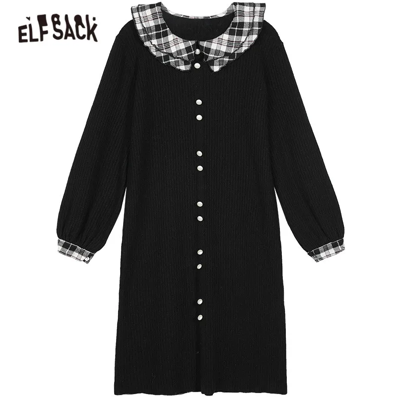 

ELFSACK Solid Pure High Waist Casual Preppy Dress Women,2020 Winter ELF Vintage Pearl Button Korean Ladies Daily Dresses