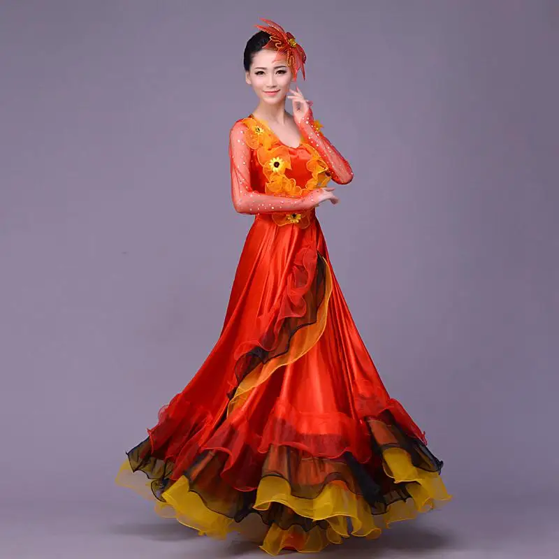 New Lad Full-skirted Dress The Opening Dance Modern Dance Full-skirted Dress Spain Bullfighting Dance Skirt Long Sleeve Costumes - Цвет: Red 540 degrees