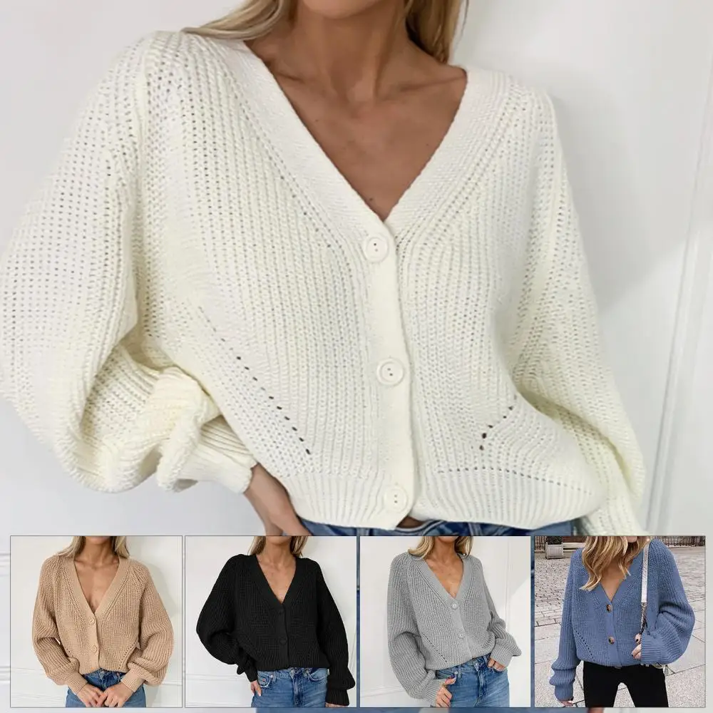 

Autumn Women Deep V Neck Long Puff Sleeve Buttons Sweater Loose Jumper Pullover