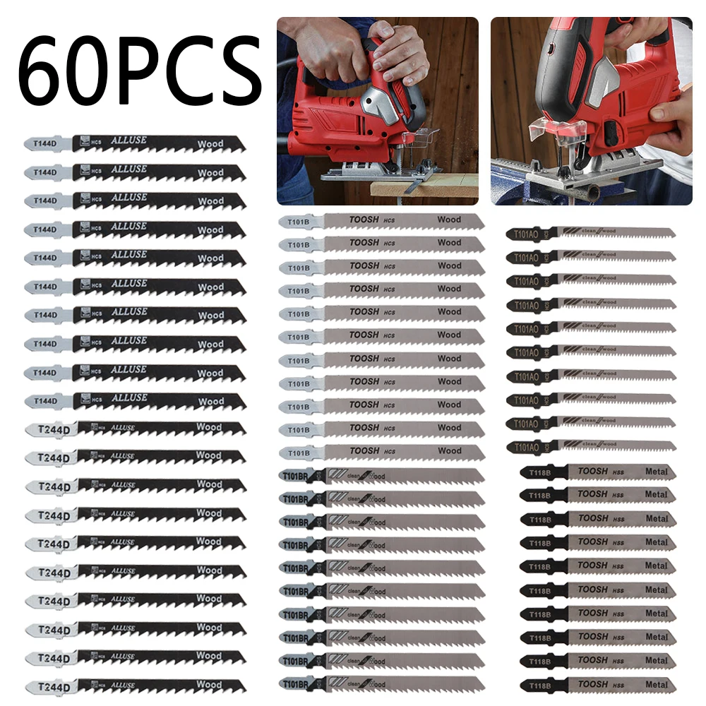 

25-60PCS T-Shank Jigsaw Blades Wood Cutter Saw Blade Assorted Metal Steel Jigsaw Blade for Wood Plastic Metal Cutting Saw Blades