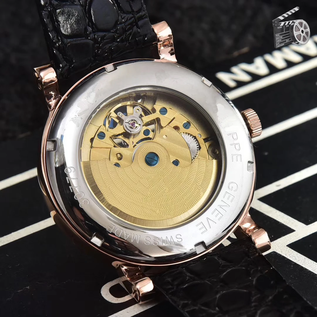

Classic New Men Automatic Mechanical Watch Black Leather Silver Rose Gold Tourbillion Sapphire Watches 42MM AAA+