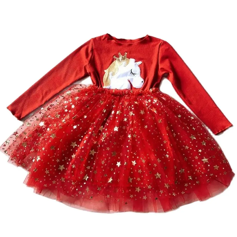Baby Girl Cute Unicorn Dresses Autumn Long Sleeve Knitted Girls Dress Christmas Party Star Mesh Princess Children Clothing | Детская