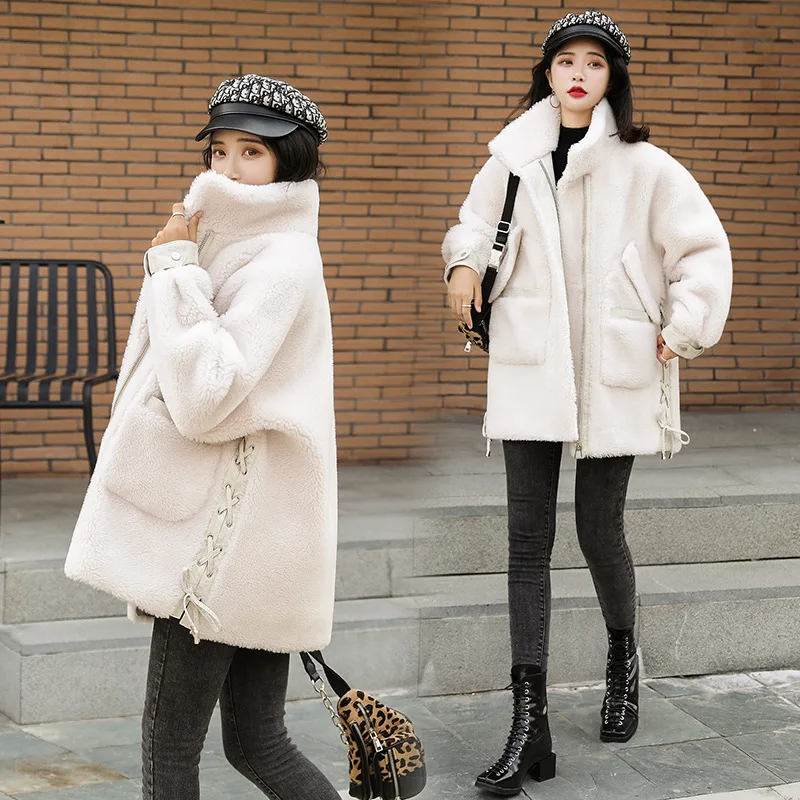 Женская куртка из овечьей шерсти зимнее свободное меховое пальто большого
