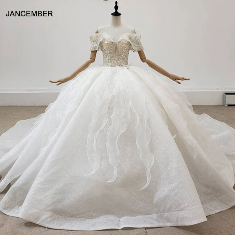 

HTL2099 Short Sleeve Luxurious Sexy V-Neck Crystal Beading Sequined Wedding Dress 2021 For Woman Ball Gowns
