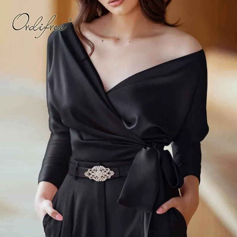 Ordifree 2022 Осенняя Женская атласная майка с длинным рукавом винтажная элегантная