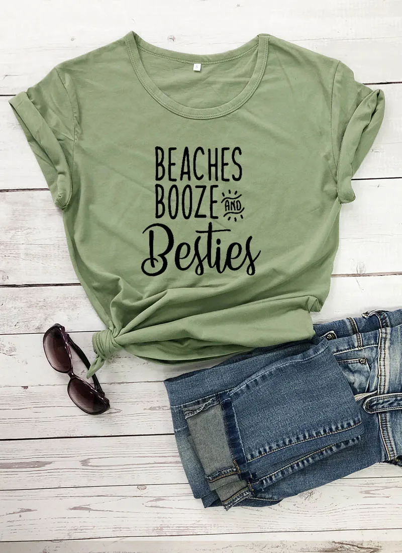 Женская футболка из 100% хлопка с забавным принтом пляжей BOOZE AND BESTIES для отпуска
