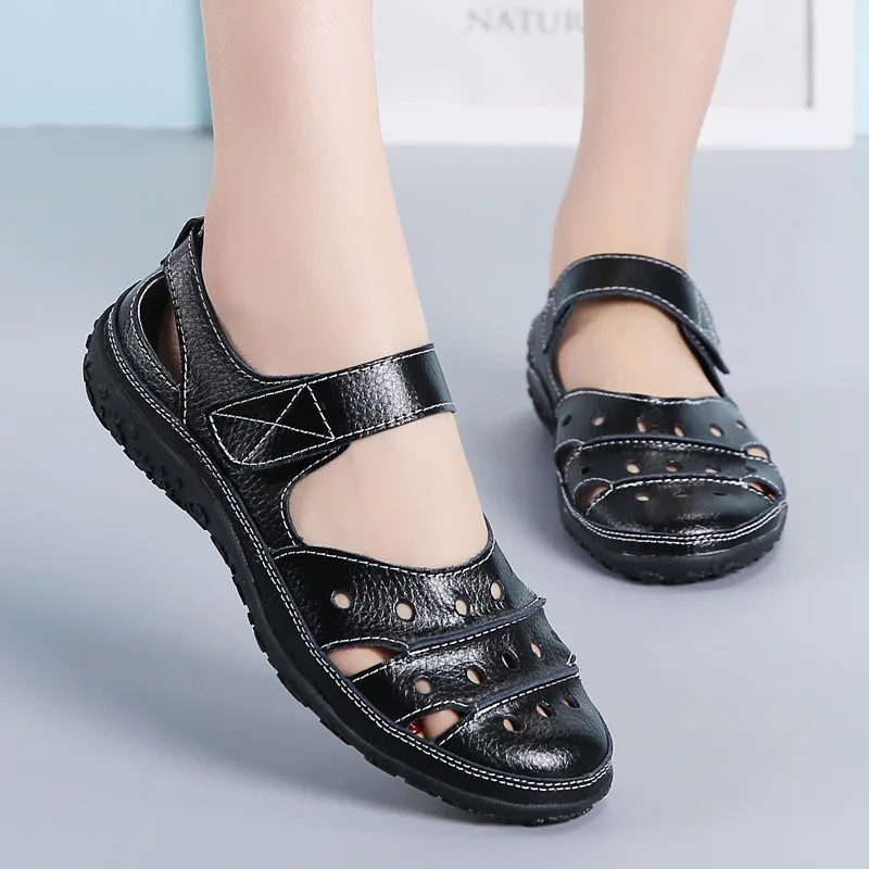 WOIZGIC Mother Women's Female Ladies Genuine Leather White Shoes Sandals Hook Loop Summer Cool Beach Hollow Soft LLX-9566