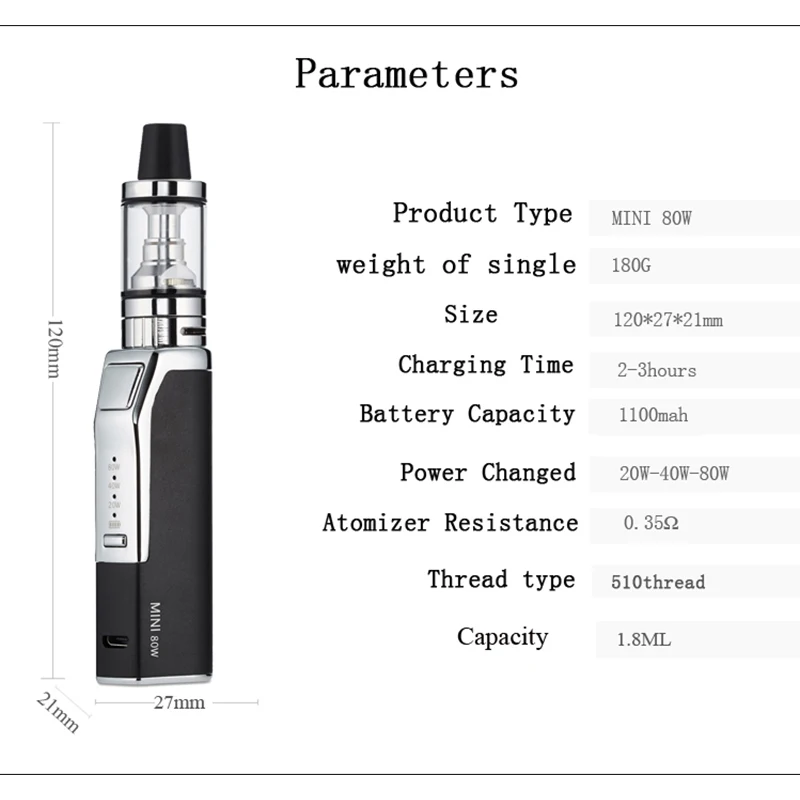 Мини 80 Вт Vape электронная сигарета мод комплект коробка 2200 мАч внутренняя батарея