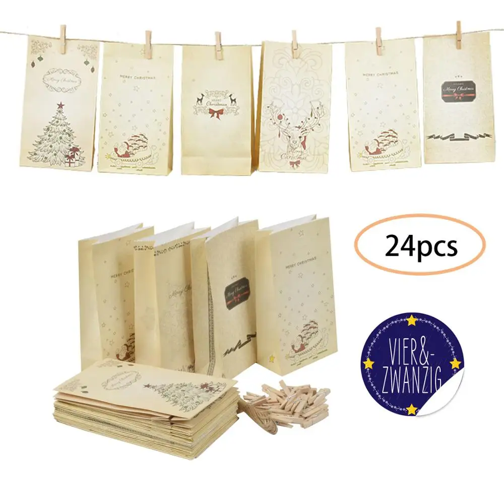 24 шт рождественские подарки календарь Крафт Бумага конфеты подарочные сумки