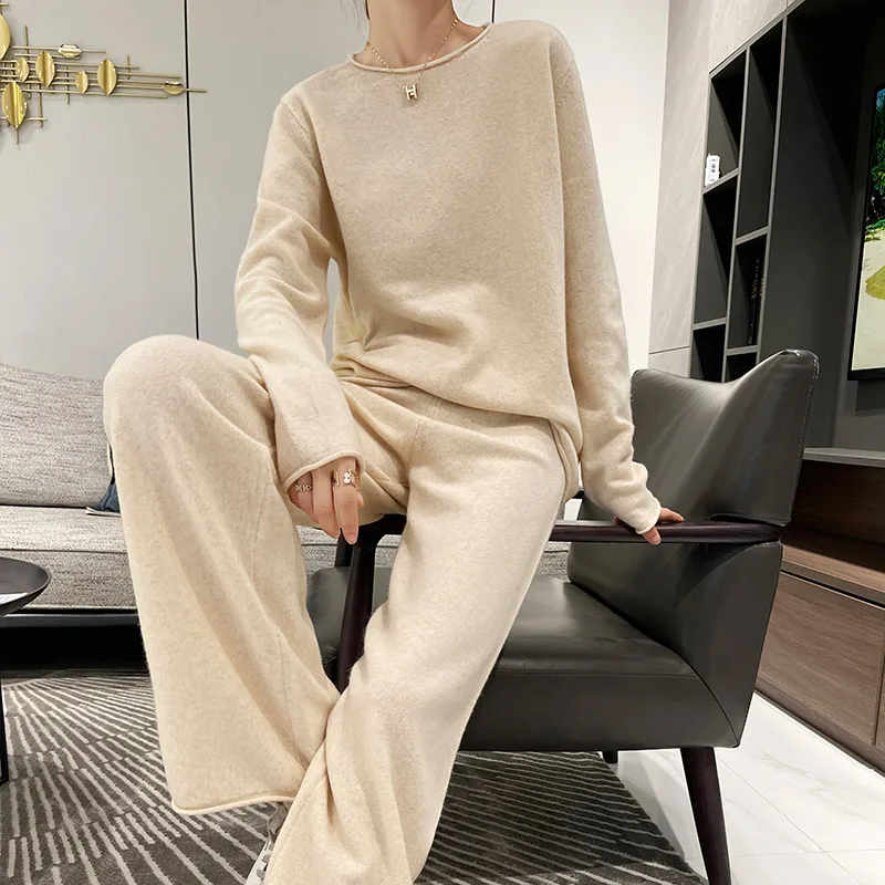 Lazy Spring and Autumn Knitted Female Wool Sweater Two-Piece Suit Round Neck Fashion Casual Wide-Leg Pants Suit European Goods