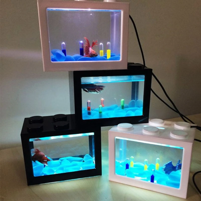 

1L USB LED Desktop Mini Aquarium Fish Tank Lamp Betta Fish Fighting Cylinder Decoration Small Creative Fish Tank Blocks Stacked