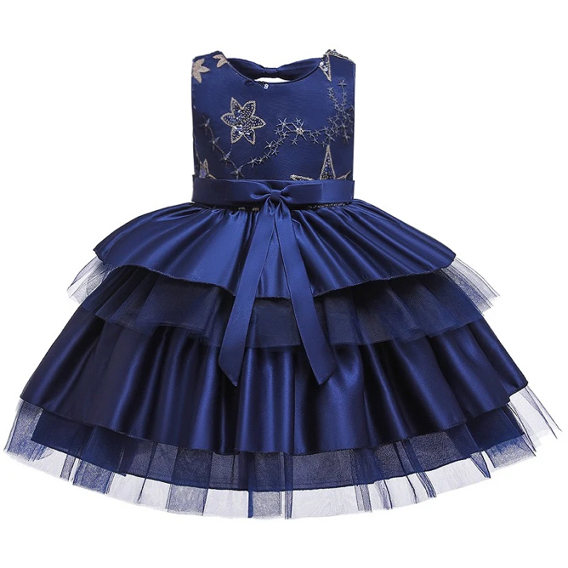 navy blue Вечерние платья с вышивкой для девочек; свадебные вечерние платья для девочек с цветами и бусинами; Детский карнавальный костюм Pengpeng - Цвет: navy blue