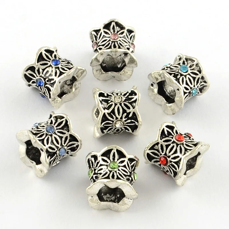 50pcs Antique Silver Plated Alloy Rhinestone Large Hole European Beads Rondelle with Leaf Mixed Color 9x7mm | Украшения и