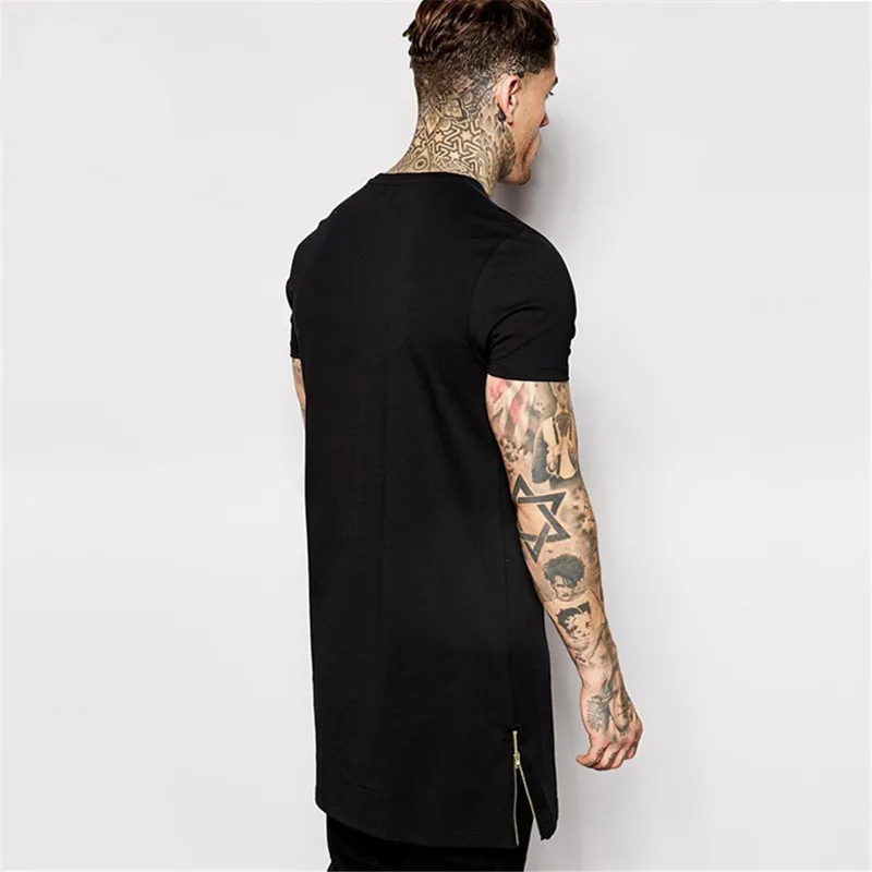 Мужская длинная футболка черная Повседневная с коротким рукавом и молнией в