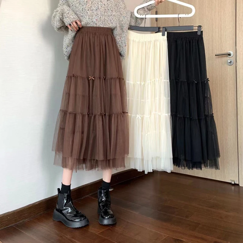 

Elastic Waist Mesh Skirts Women Autumn Winter Long Midi Skirts A-Line Ball Gown Casual Bow Double Layer Mesh Party Black M548