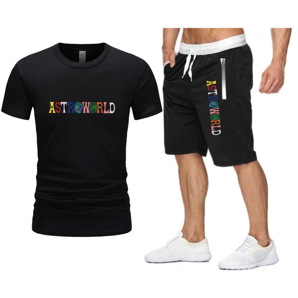 

Funny Astroworld Brand Men T shirt+Beach Shorts Sets Summer Jogging Pants T-shirt Sportswear streetwear Harajuku Tops Tshirt
