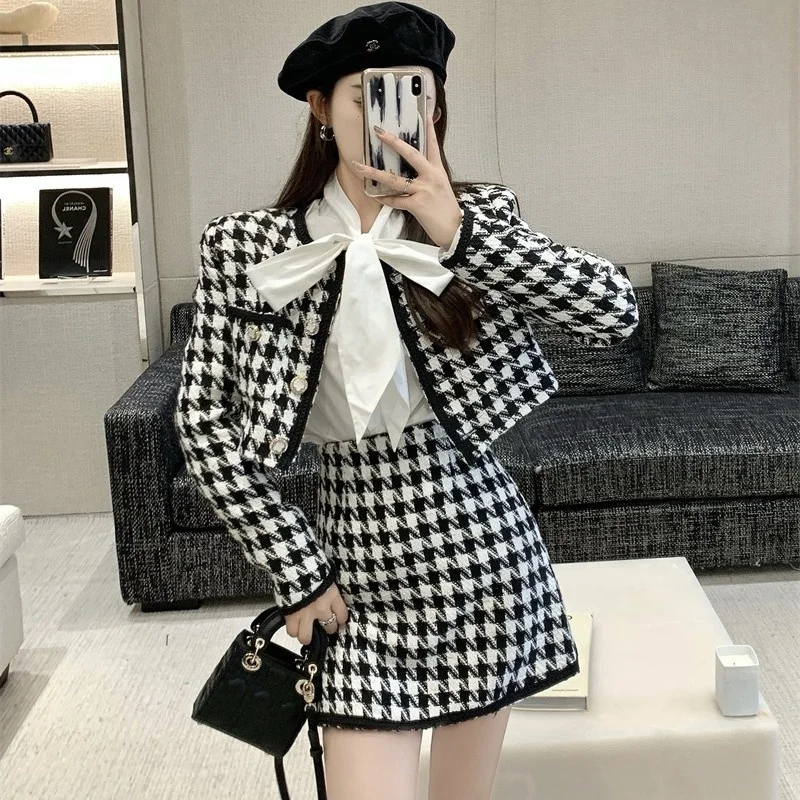 

Пальто в мелкую клетку с запахом тысячи птиц, свободный французский темпераментный топ с круглым вырезом и длинным рукавом, осенний дизайн ...