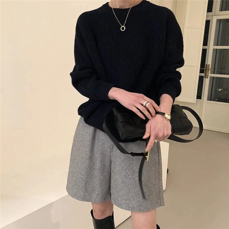 

Waist design hem ruffled long-sleeved round neck all-match knitted top women