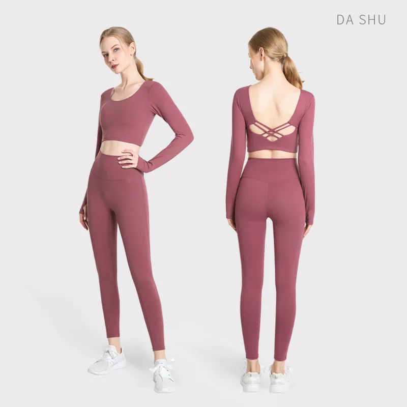 

2021 Long-sleeved Yoga Clothes Suit Women Beauty Back Tights Sports Running Fitness Clothes Yoga Pants Two-piece Suit