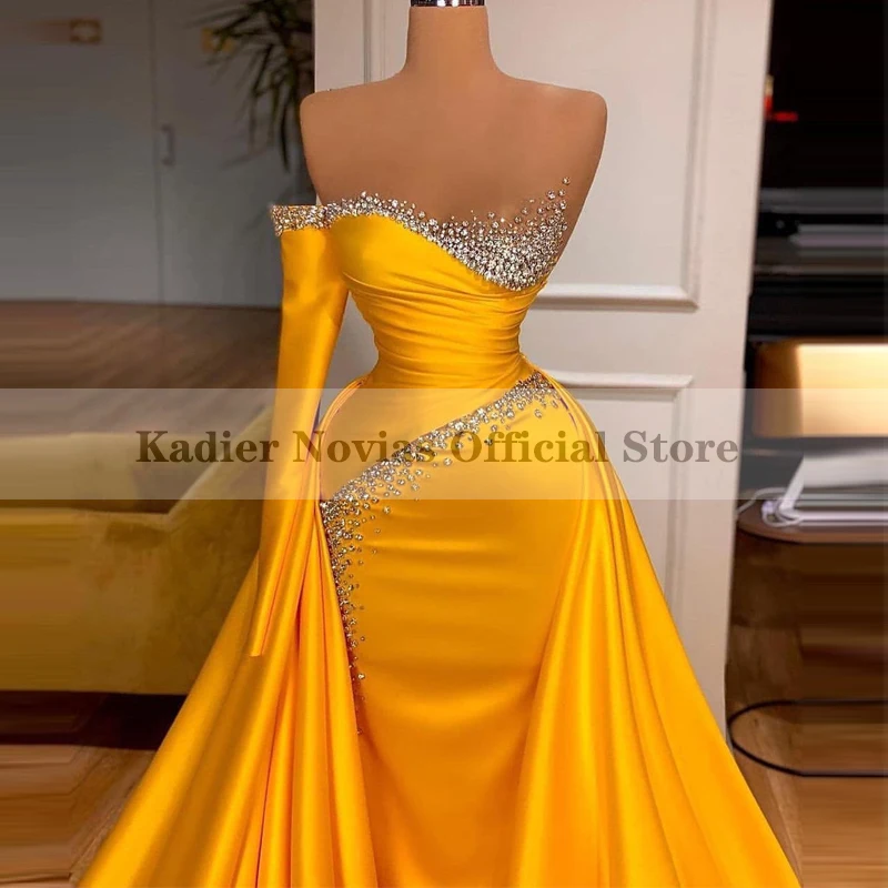

Женское атласное вечернее платье-русалка, желтое платье с длинным рукавом, со съемной юбкой, для выпускного вечера, 2021