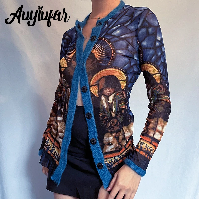 

Auyiufar Vintage Fairy Grunge Print Button Top Patchwork Casual Y2K Aesthetic Streetwear Blouses Autumn Goblincore Women Outfits