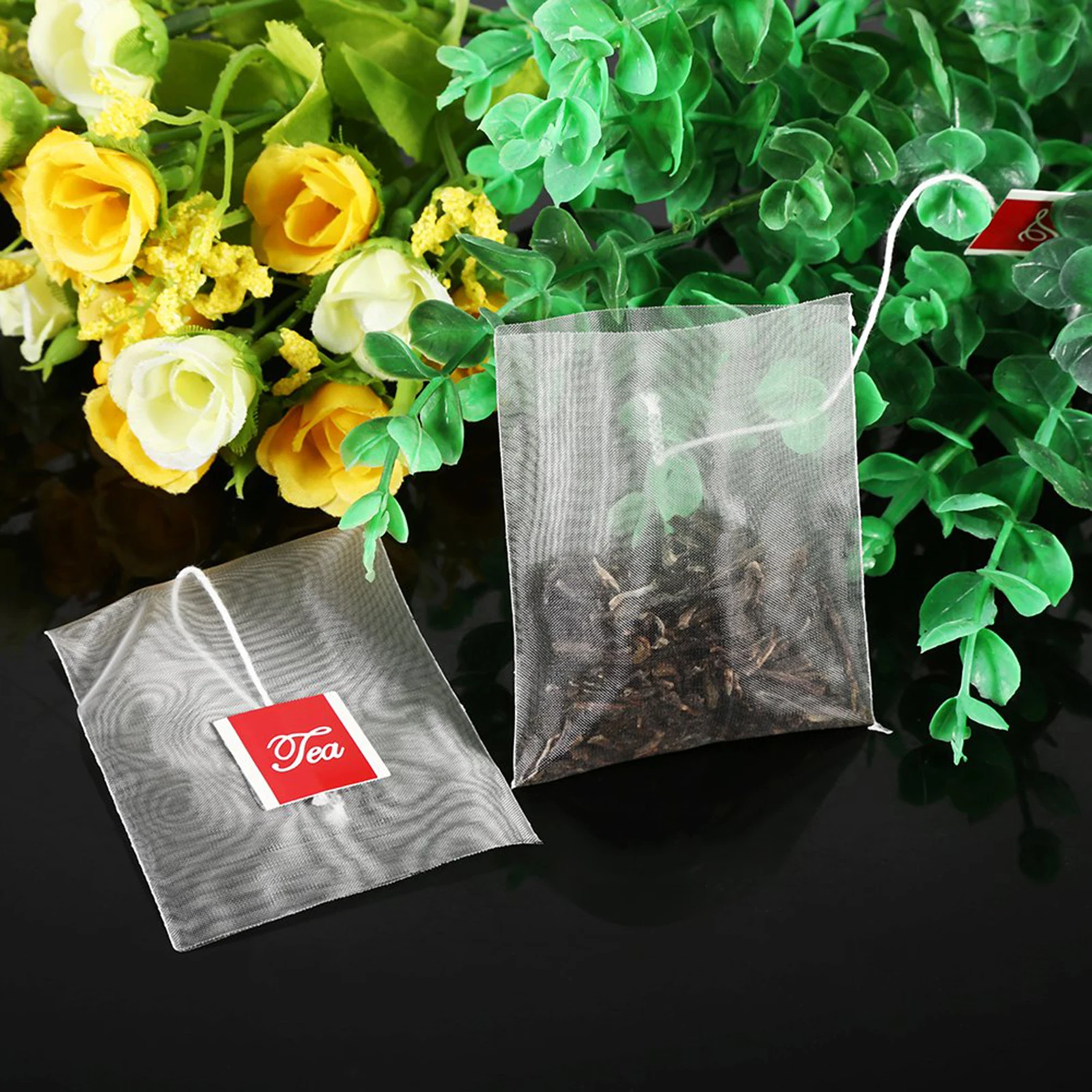 

100Pcs Tea Filters, Food Grade Nylon Transparent Filter Bags with String for Herb, Spice, Loose Tea, Coffee