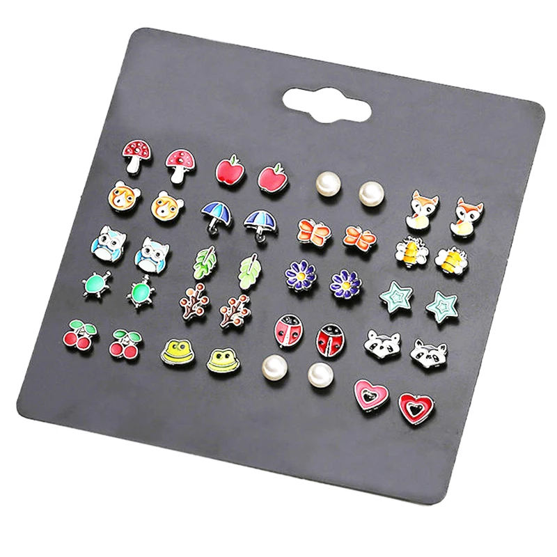

LUXSHINE 20 Pairs/lot Kids Stud Earring Set for Girls Cute Fruit Animal Ear Studs Owl Mushroom Leaf Heart Ladybug Apple Jewelry