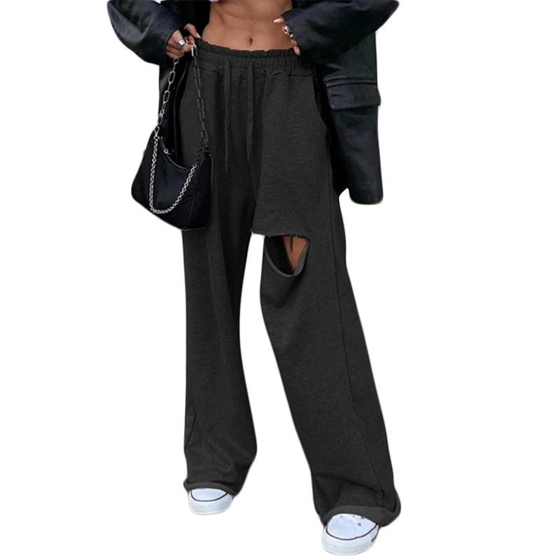 

2020 Korean Women Casual Loose Wide Leg Straight Pant Womens Hip Hop Hole Design Elastic Waist Fashion Trousers