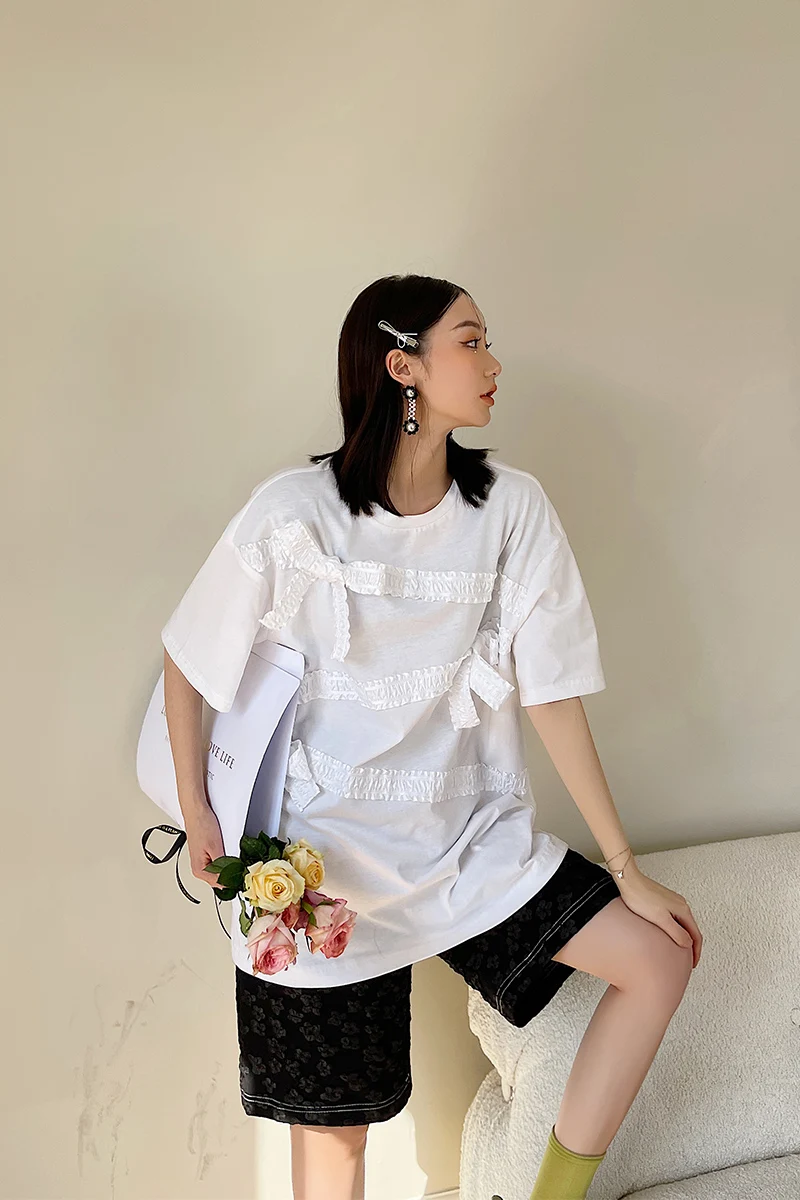 

New Women Shirts 2021 Summer Crew Neck Basic Short Sleeve Tops Female Streetwear Casual Plus Size T-shit With Bowknot