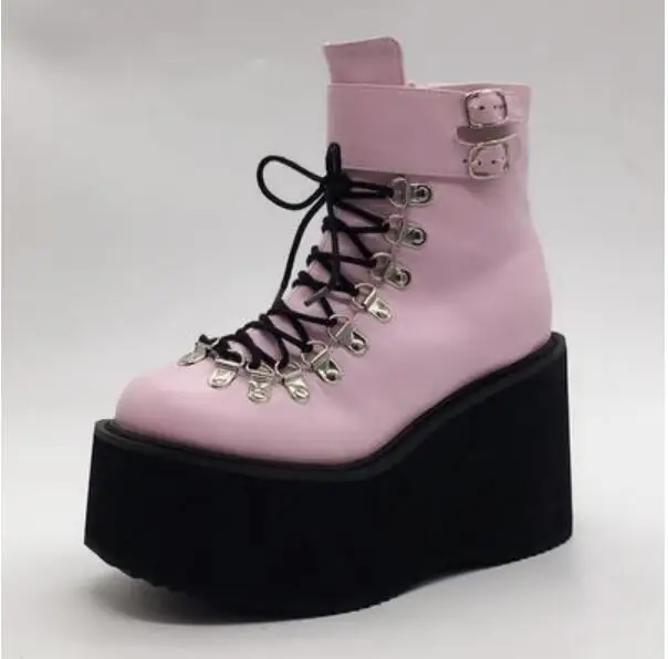 Pink Женские черные ботинки Лолиты на высокой платформе в готическом стиле, в стиле панк, со шнуровкой; полусапожки Лолиты из искусственной кожи с пряжкой и ремешком - Цвет: Pink