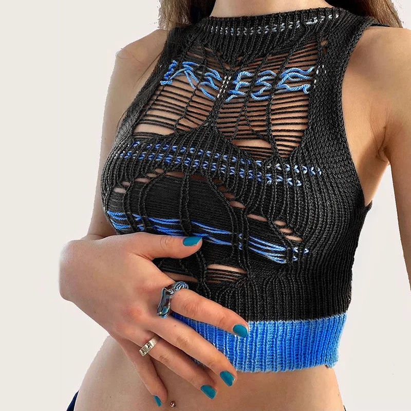 

2021 Summer New Color Contrast Hole Woolen Crop Tops Women Fashion Slim Perspective Sexy Navel-bearing Personality Vest Women
