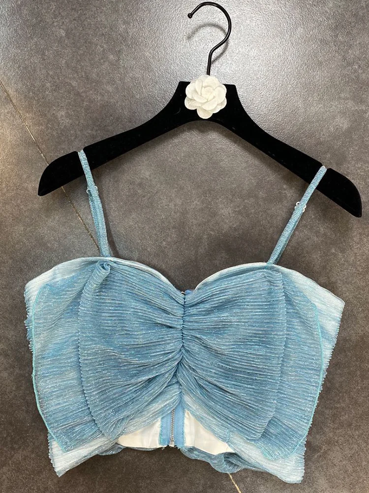 Retro bright silk sexy leaky shoulder pleated zou tube top style suspenders vest ladies summer new fashion all-match short top