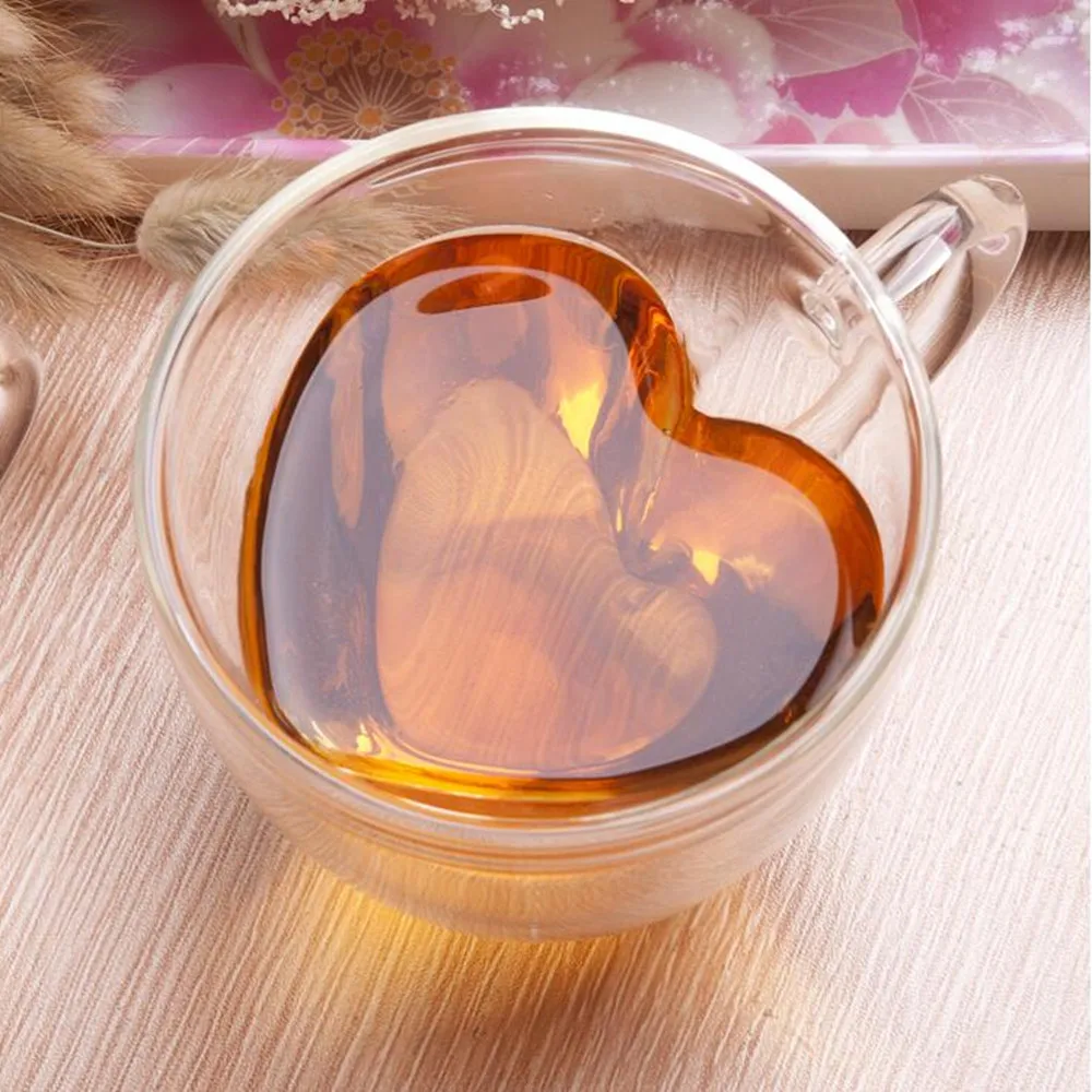 

Drinking Glass Tea Cups Double Wall Layer Tea Cup Heat-resisting Creative Heart-shaped Double Glass Juice Mug Milk Coffee Cup
