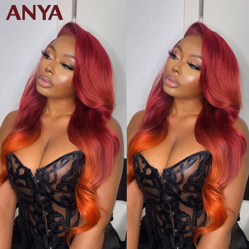 Ане парик красно оранжевого цвета Цветной объемная волна прозрачного кружева